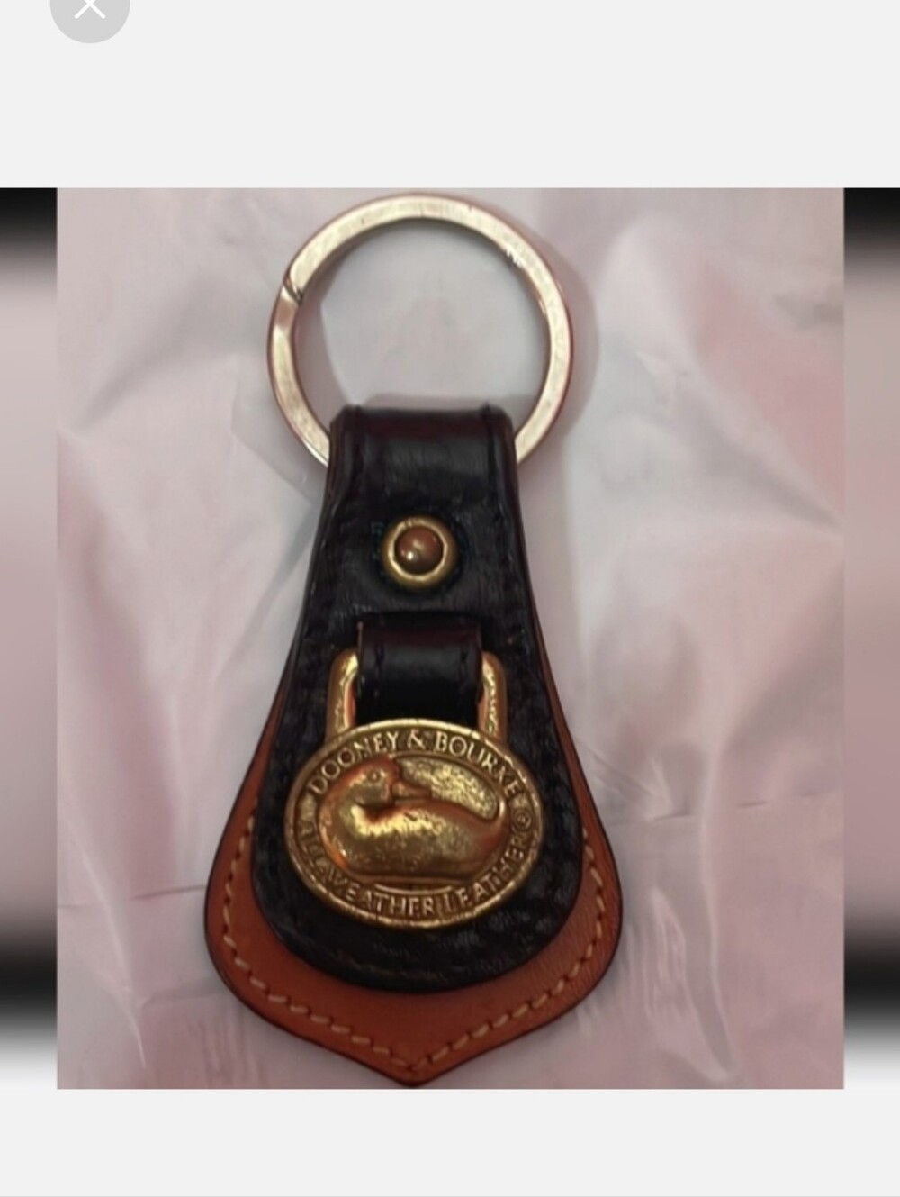 Dooney & Bourke Black and Tan Leather Key Ring with Brass Duck Medallion - Picture 4 of 5